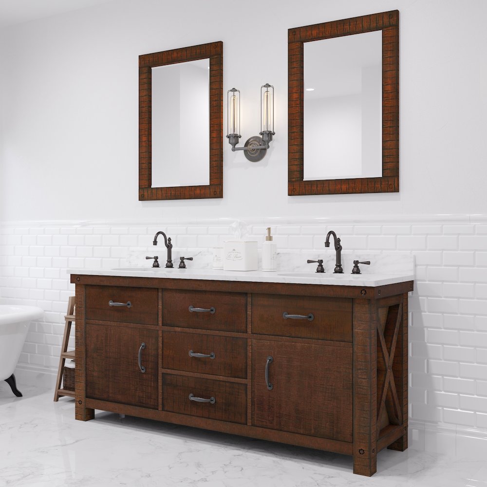 72 In. Double Sink Carrara White Marble Countertop Bath Vanity in Rustic Sienna. Picture 2
