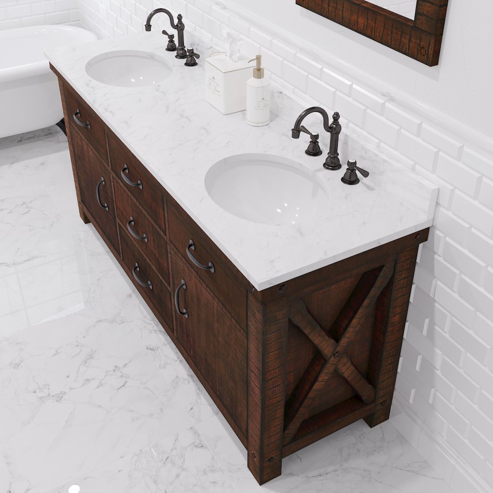 72 In. Double Sink Carrara White Marble Countertop Bath Vanity in Rustic Sienna. Picture 11