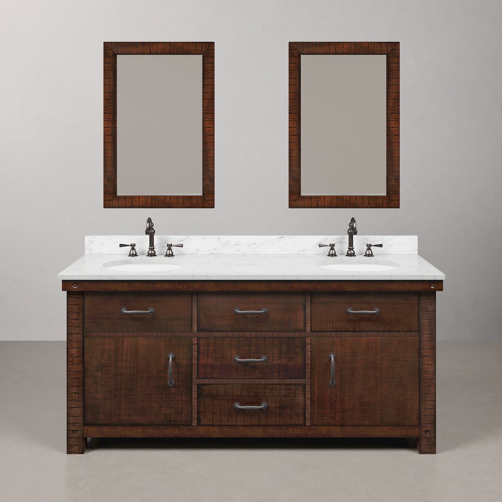 72 In. Double Sink Carrara White Marble Countertop Bath Vanity in Rustic Sienna. Picture 1