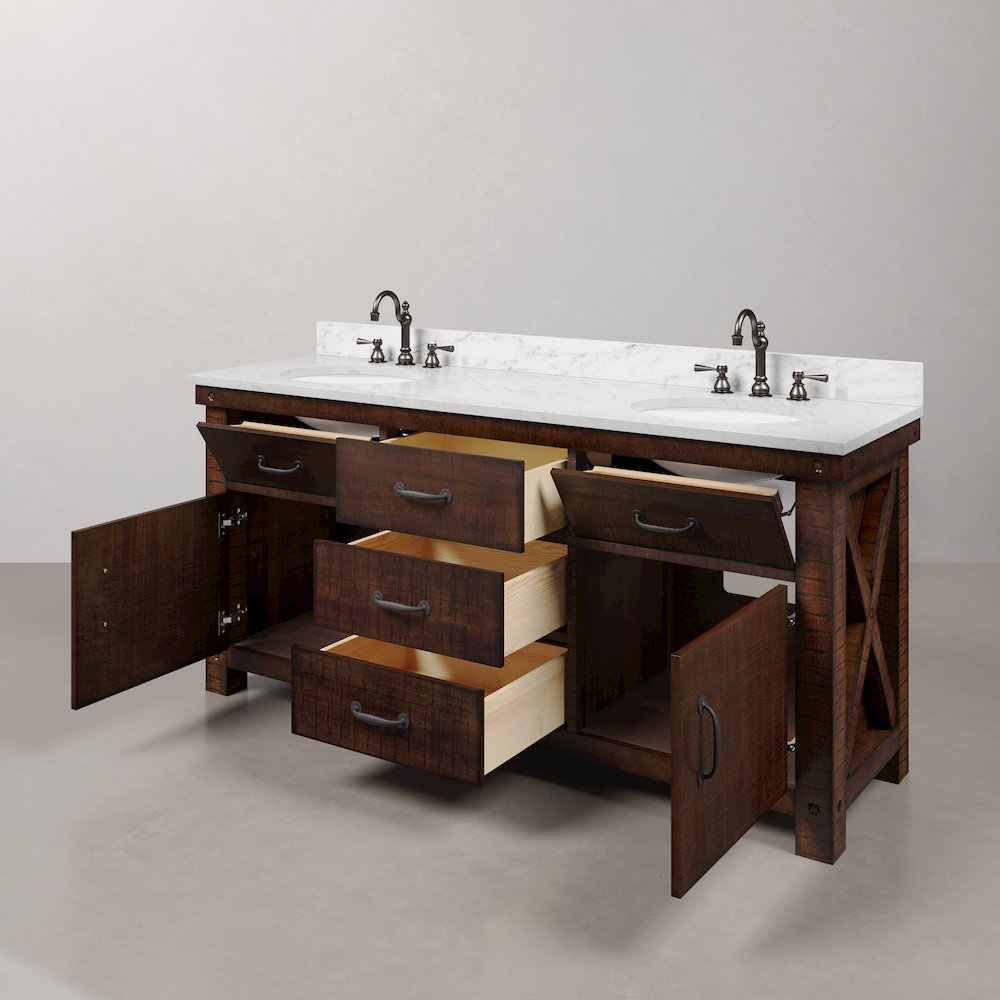 72 In. Double Sink Carrara White Marble Countertop Bath Vanity in Rustic Sienna. Picture 7
