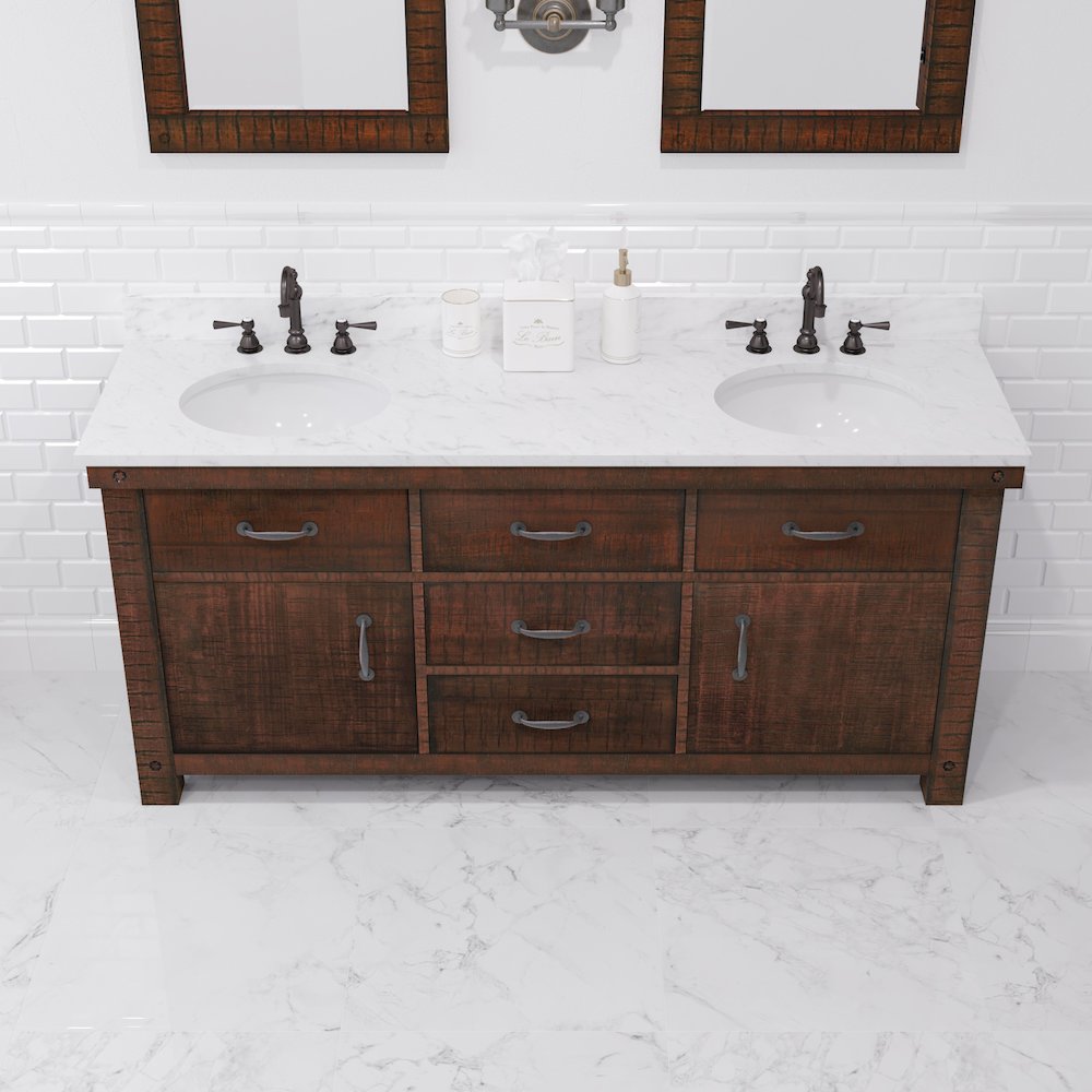 72 In. Double Sink Carrara White Marble Countertop Bath Vanity in Rustic Sienna. Picture 12