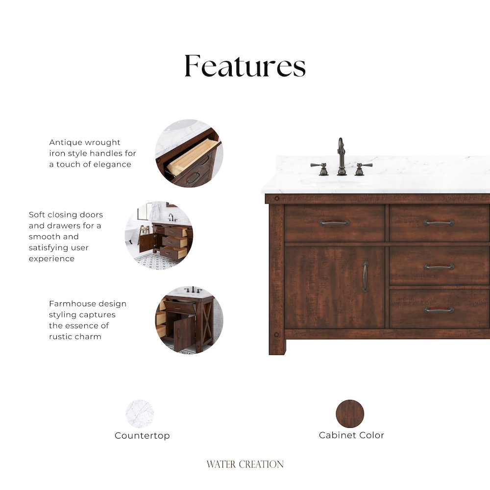 72 In. Double Sink Carrara White Marble Countertop Bath Vanity in Rustic Sienna. Picture 14