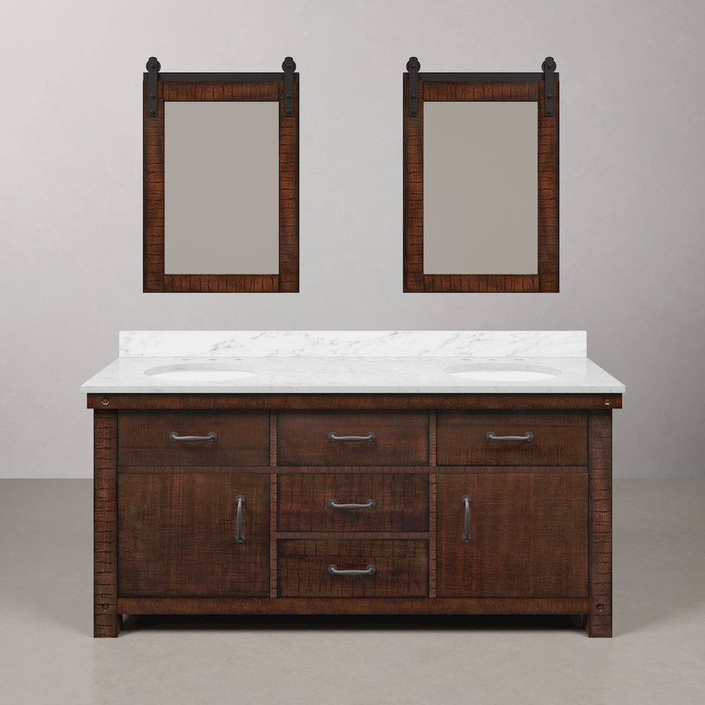 72 In. Double Sink Carrara White Marble Countertop Bath Vanity in Rustic Sienna. Picture 1