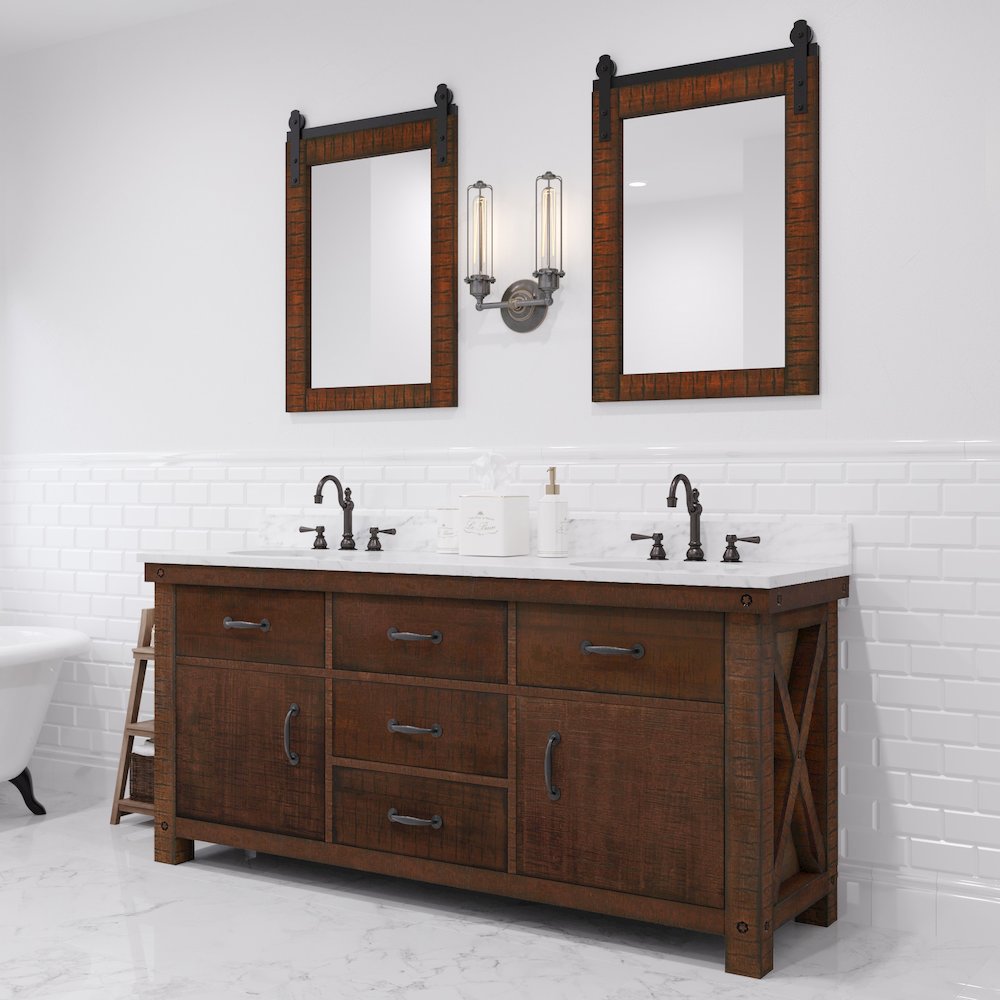 72 In. Double Sink Carrara White Marble Countertop Bath Vanity in Rustic Sienna. Picture 2