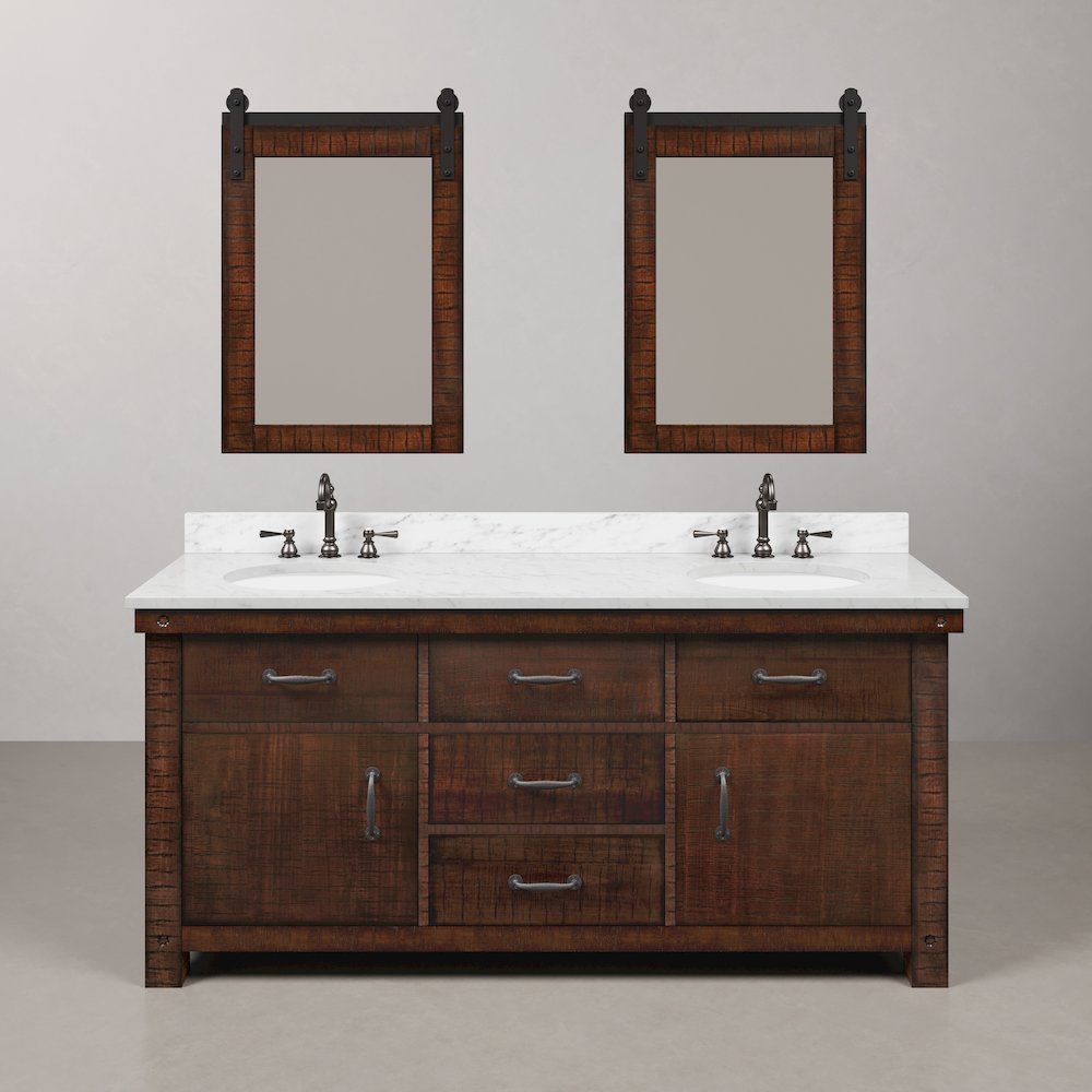 72 In. Double Sink Carrara White Marble Countertop Bath Vanity in Rustic Sienna. Picture 1