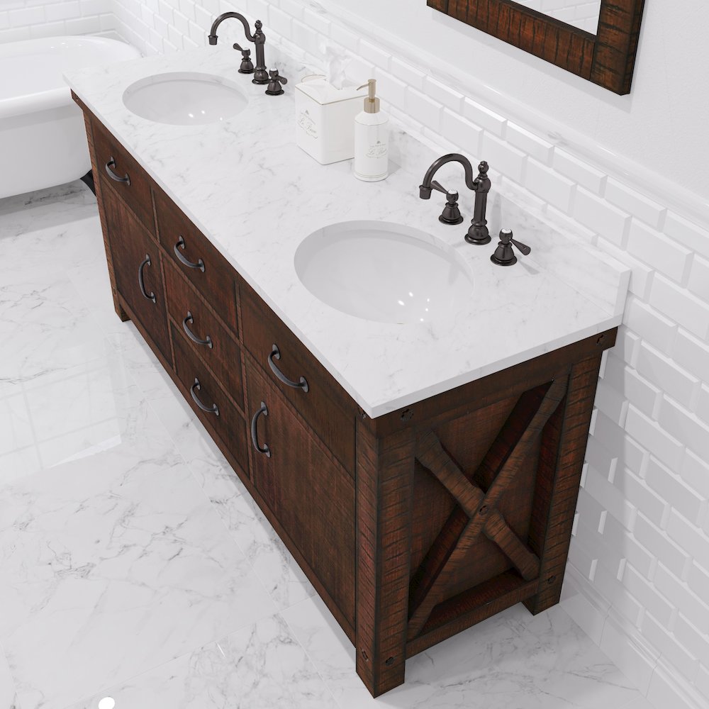 72 In. Double Sink Carrara White Marble Countertop Bath Vanity in Rustic Sienna. Picture 11