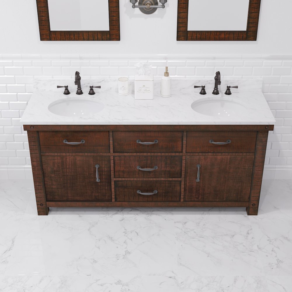 72 In. Double Sink Carrara White Marble Countertop Bath Vanity in Rustic Sienna. Picture 12