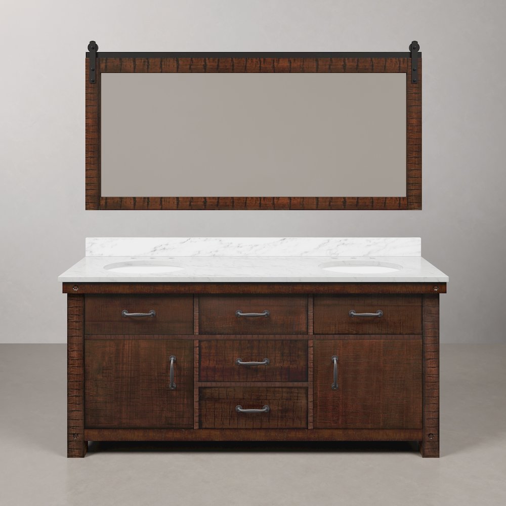 72 In. Double Sink Carrara White Marble Countertop Bath Vanity in Rustic Sienna. Picture 1