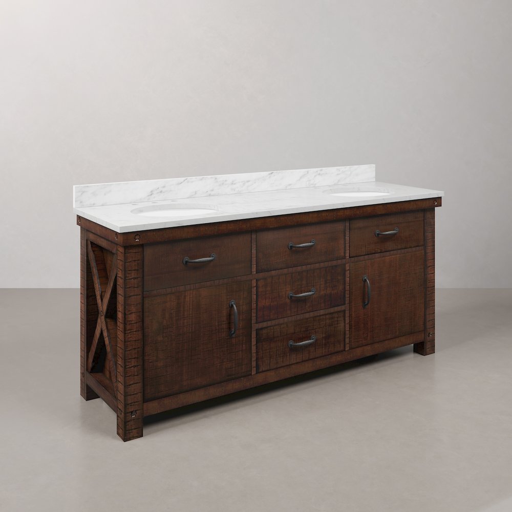 72 In. Double Sink Carrara White Marble Countertop Bath Vanity in Rustic Sienna. Picture 2