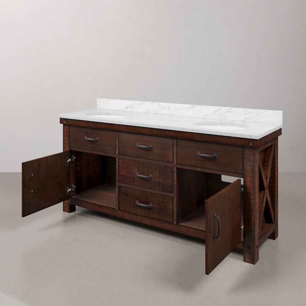 72 In. Double Sink Carrara White Marble Countertop Bath Vanity in Rustic Sienna. Picture 5