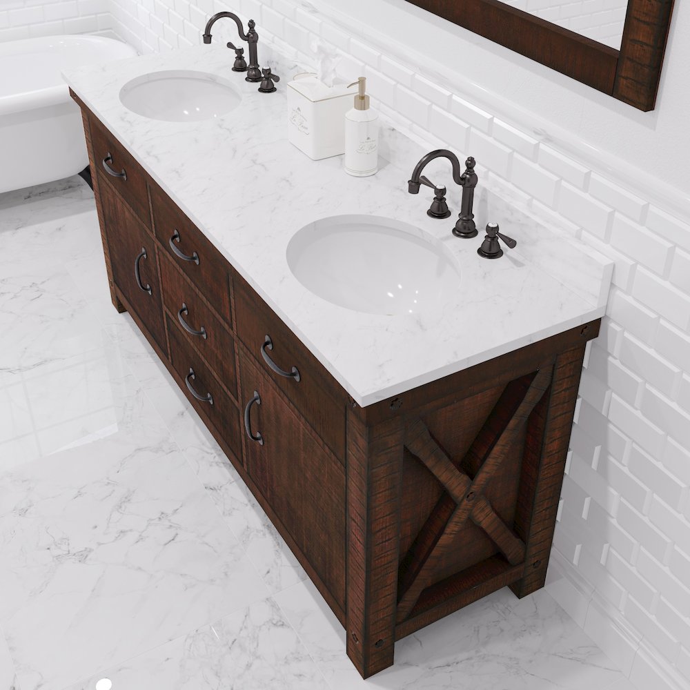 72 In. Double Sink Carrara White Marble Countertop Bath Vanity in Rustic Sienna. Picture 10