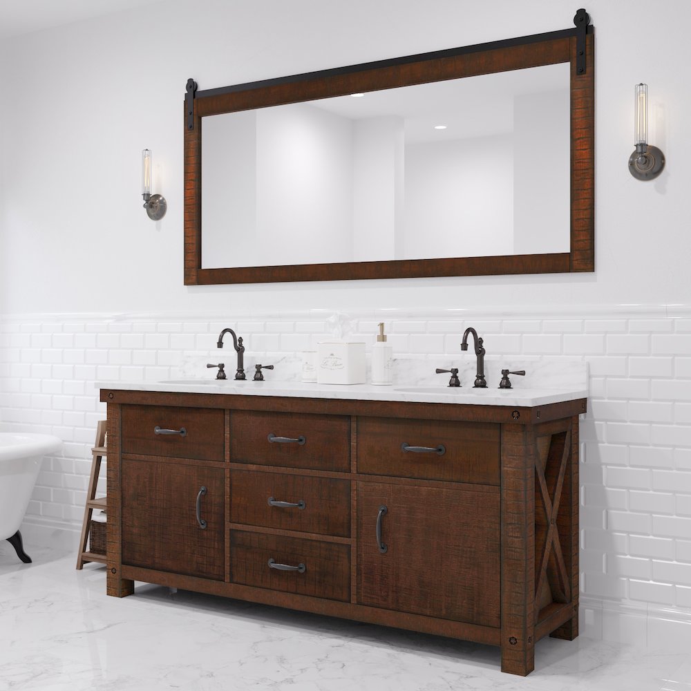 72 In. Double Sink Carrara White Marble Countertop Bath Vanity in Rustic Sienna. Picture 2