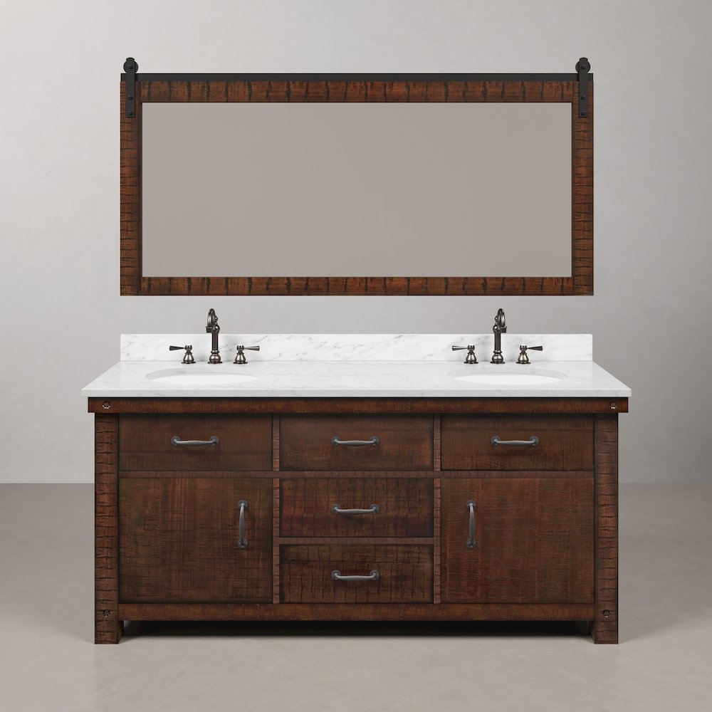 72 In. Double Sink Carrara White Marble Countertop Bath Vanity in Rustic Sienna. Picture 1
