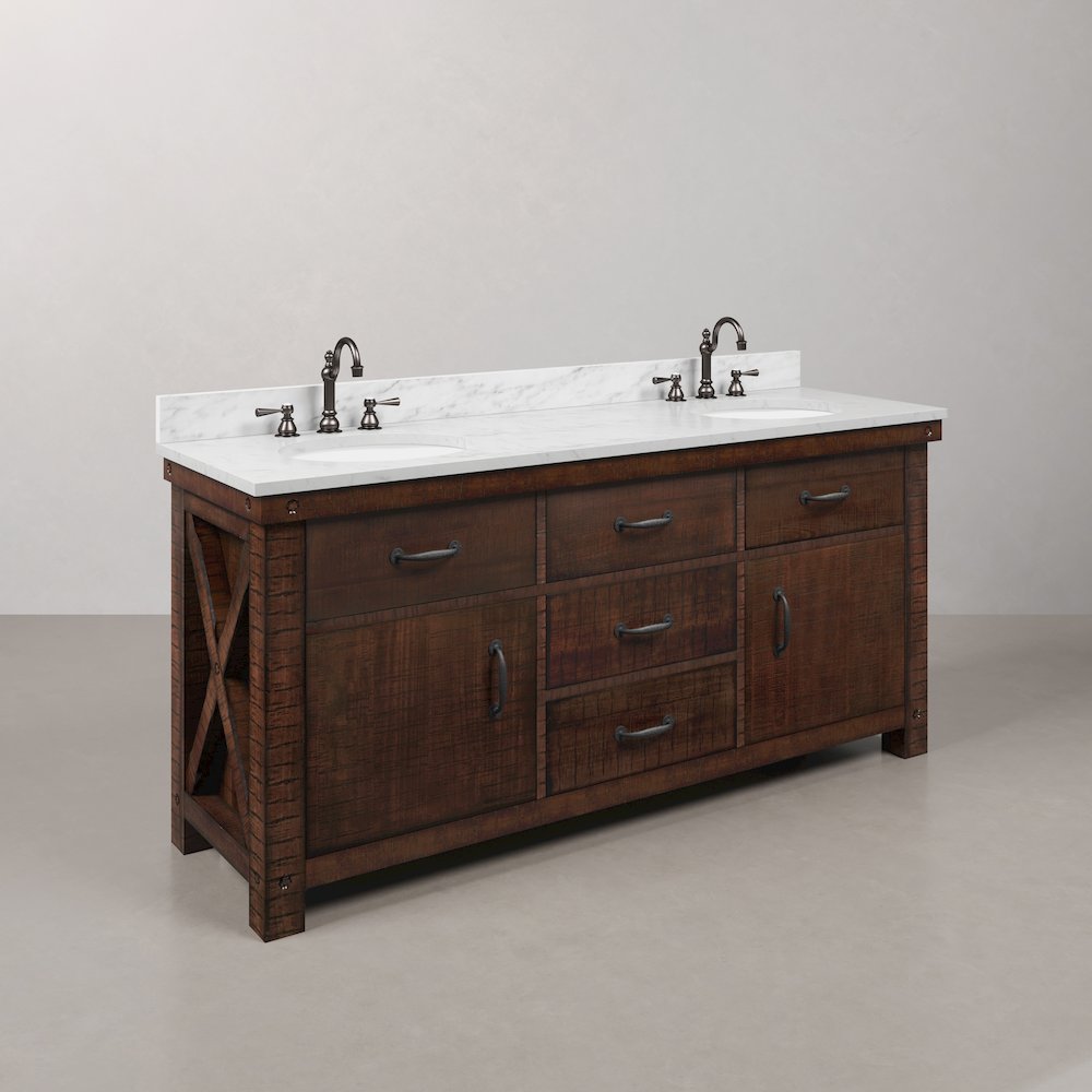 72 In. Double Sink Carrara White Marble Countertop Bath Vanity in Rustic Sienna. Picture 3