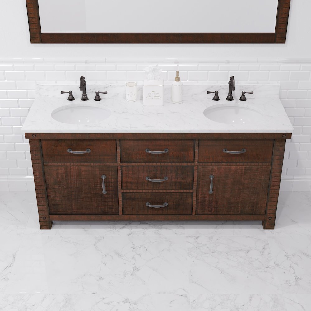72 In. Double Sink Carrara White Marble Countertop Bath Vanity in Rustic Sienna. Picture 12