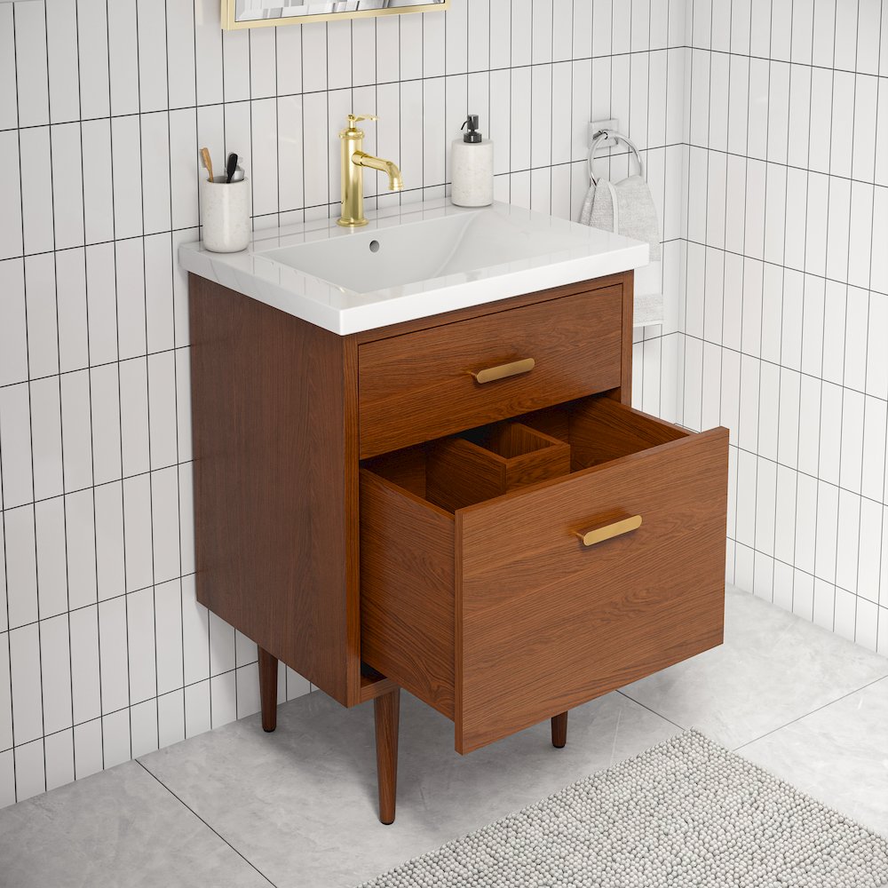 24 In. Integrated Ceramic Sink Top Vanity in Honey Walnut. Picture 4