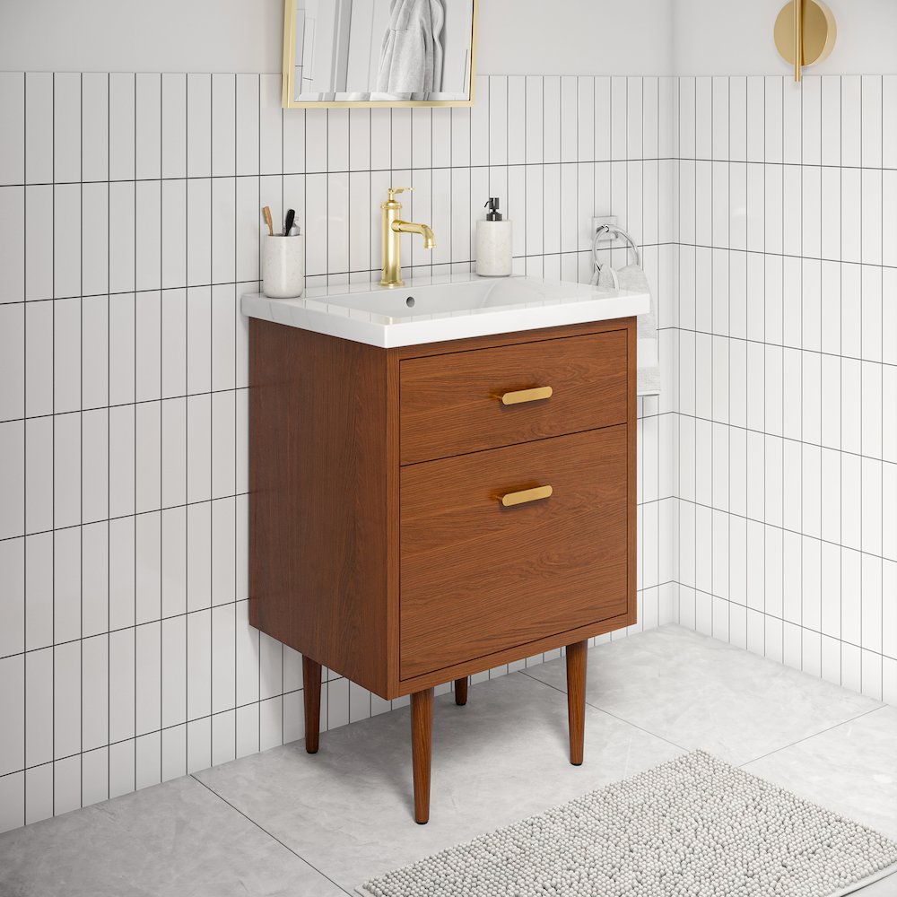 24 In. Integrated Ceramic Sink Top Vanity in Honey Walnut. Picture 3