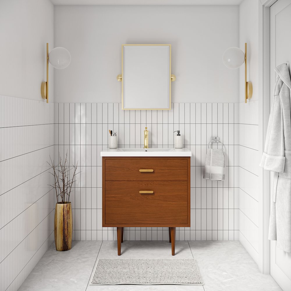 30 In. Integrated Ceramic Sink Top Vanity in Honey Walnut. Picture 2