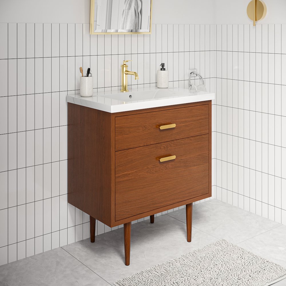 30 In. Integrated Ceramic Sink Top Vanity in Honey Walnut. Picture 3