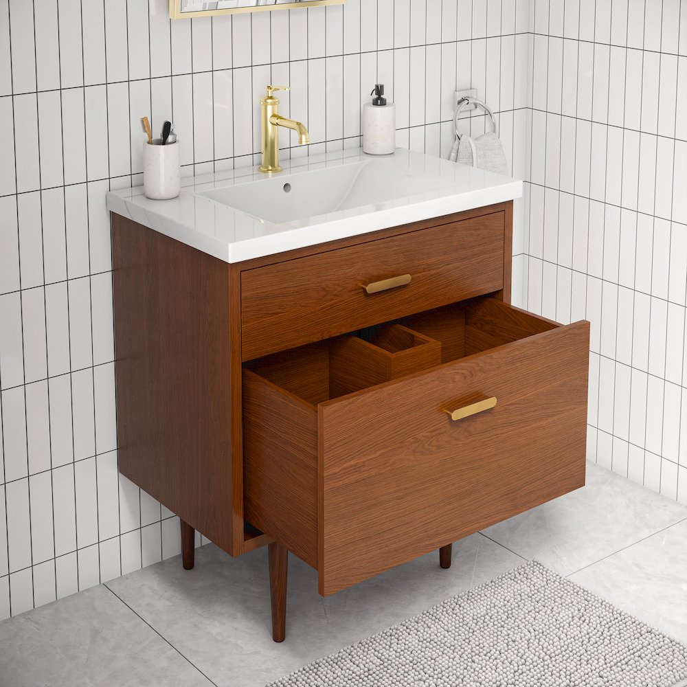 30 In. Integrated Ceramic Sink Top Vanity in Honey Walnut. Picture 4