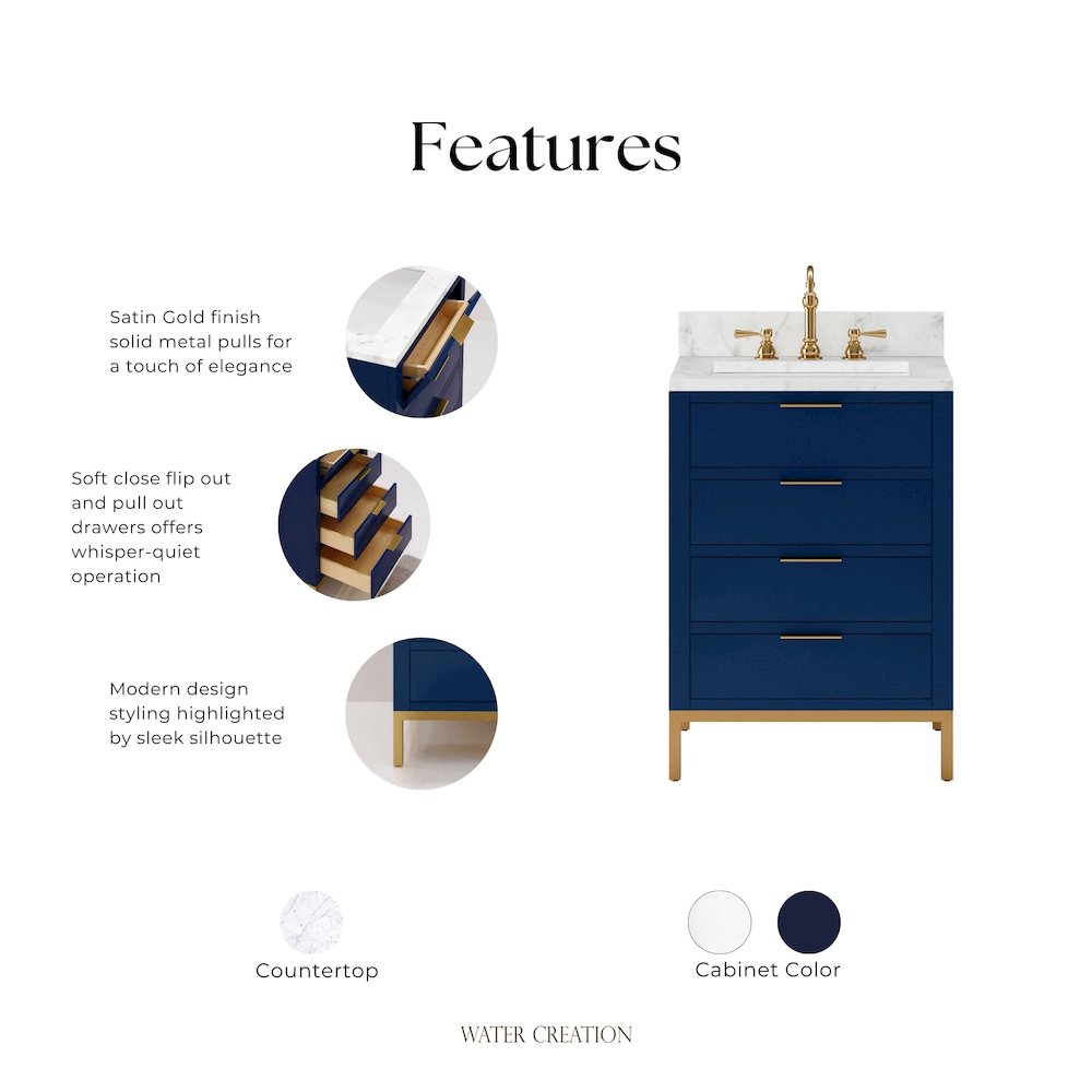 24 In. Single Sink Carrara White Marble Countertop Bath Vanity in Monarch Blue. Picture 8