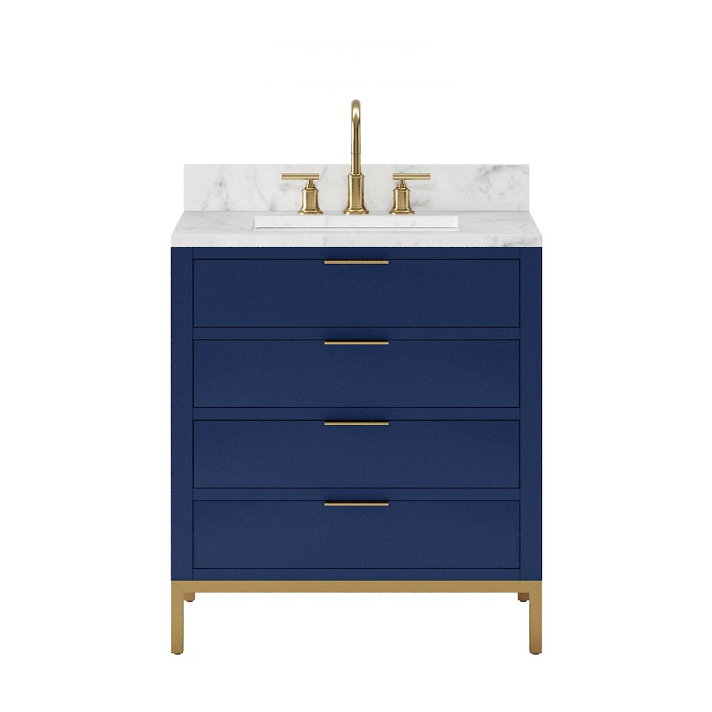 30 In. Single Sink Carrara White Marble Countertop Bath Vanity in Monarch Blue. Picture 1