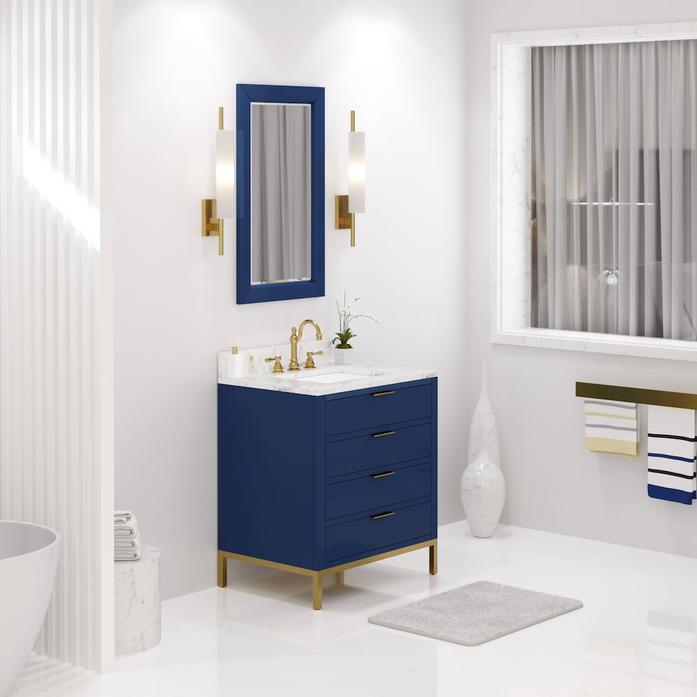 30 In. Single Sink Carrara White Marble Countertop Bath Vanity in Monarch Blue. Picture 3