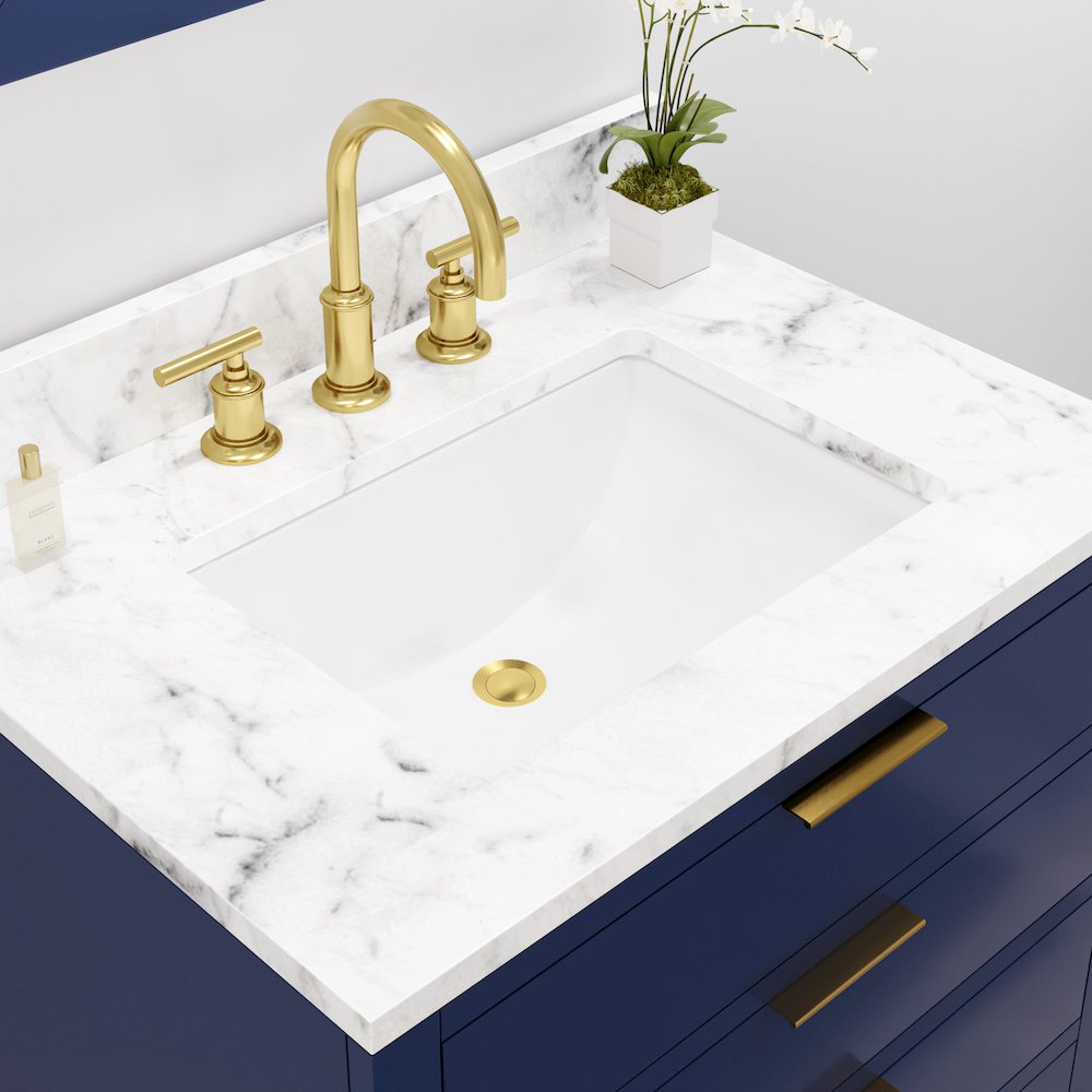 30 In. Single Sink Carrara White Marble Countertop Bath Vanity in Monarch Blue. Picture 7