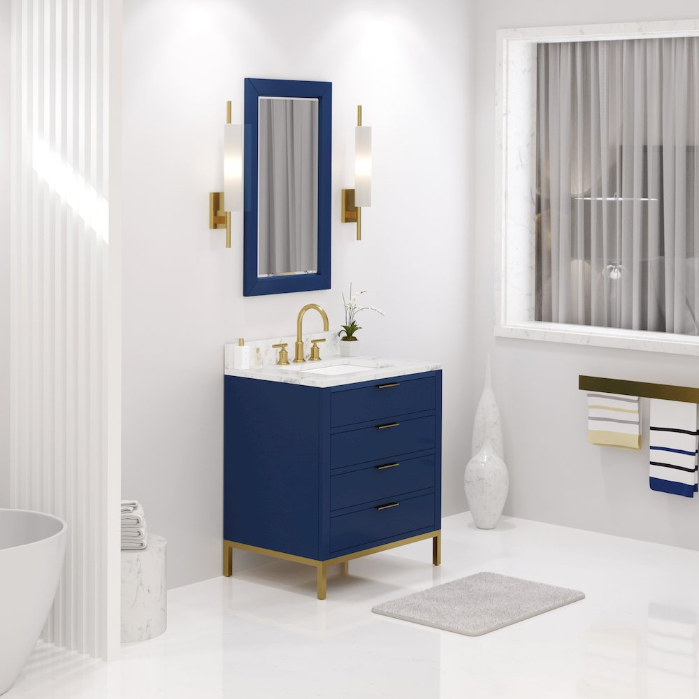 30 In. Single Sink Carrara White Marble Countertop Bath Vanity in Monarch Blue. Picture 3