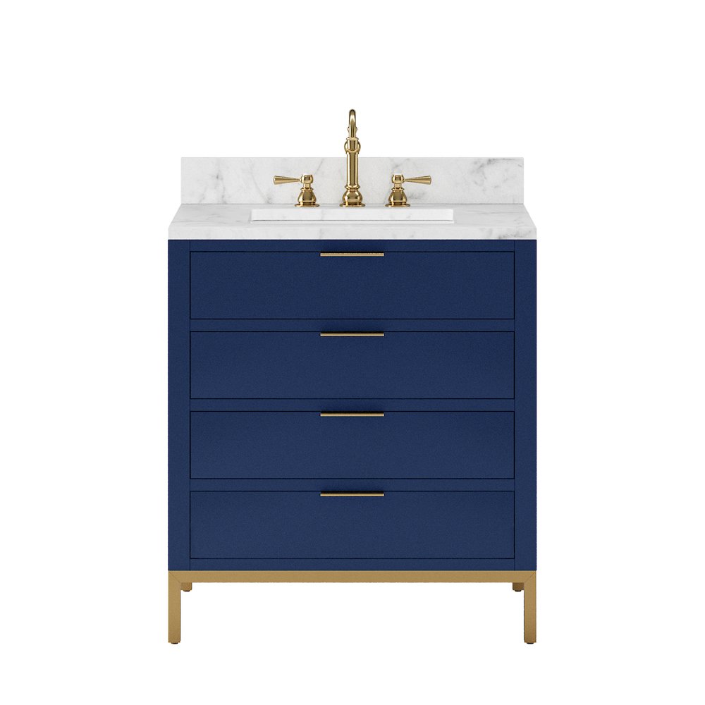 30 In. Single Sink Carrara White Marble Countertop Bath Vanity in Monarch Blue. Picture 1