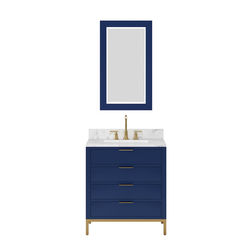 30 In. Single Sink Carrara White Marble Countertop Bath Vanity in Monarch Blue. Picture 1