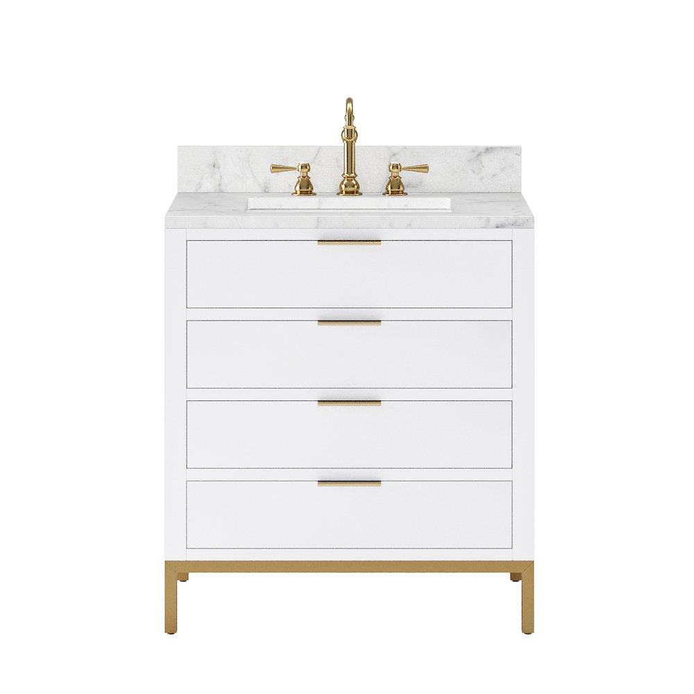30 In. Single Sink Carrara White Marble Countertop Bath Vanity in Pure White. Picture 1