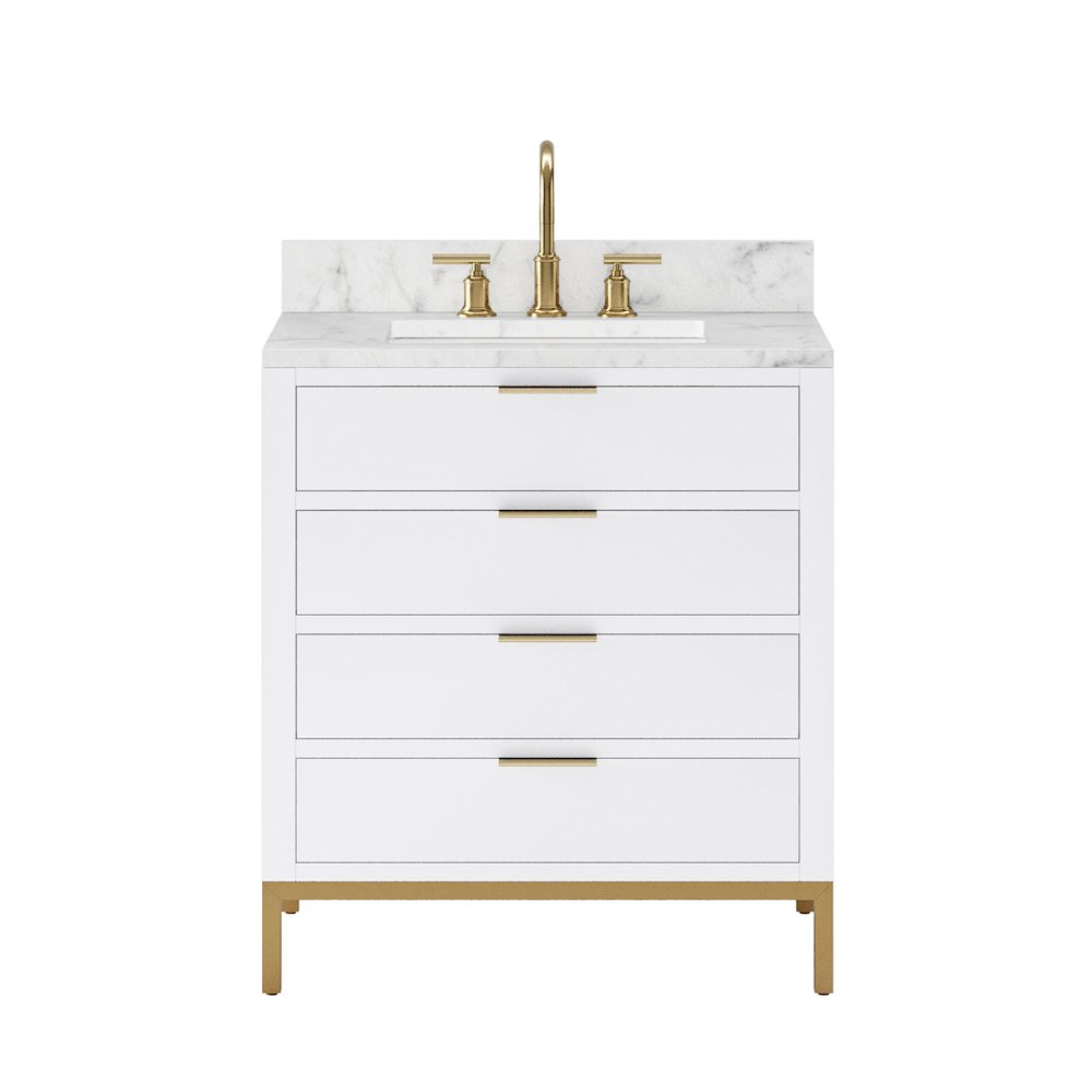 30 In. Single Sink Carrara White Marble Countertop Bath Vanity in Pure White. Picture 1