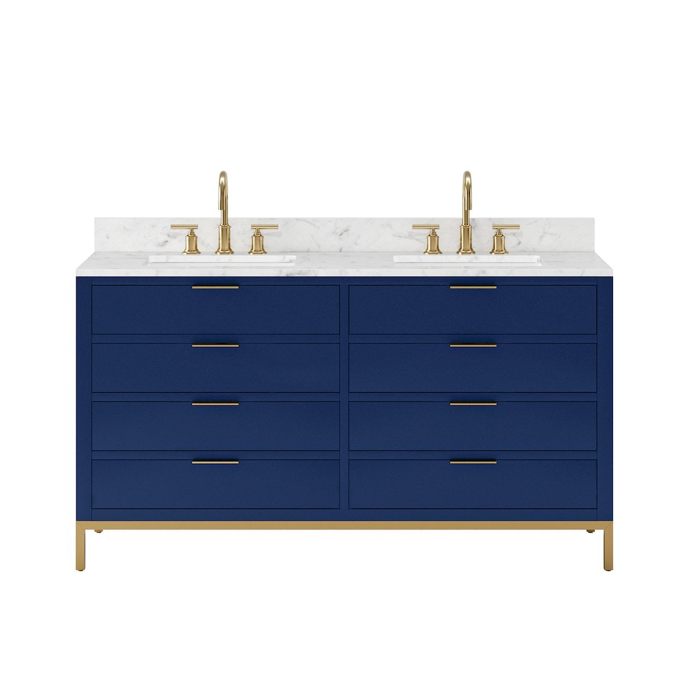 60 In. Double Sink Carrara White Marble Countertop Bath Vanity in Monarch Blue. Picture 1