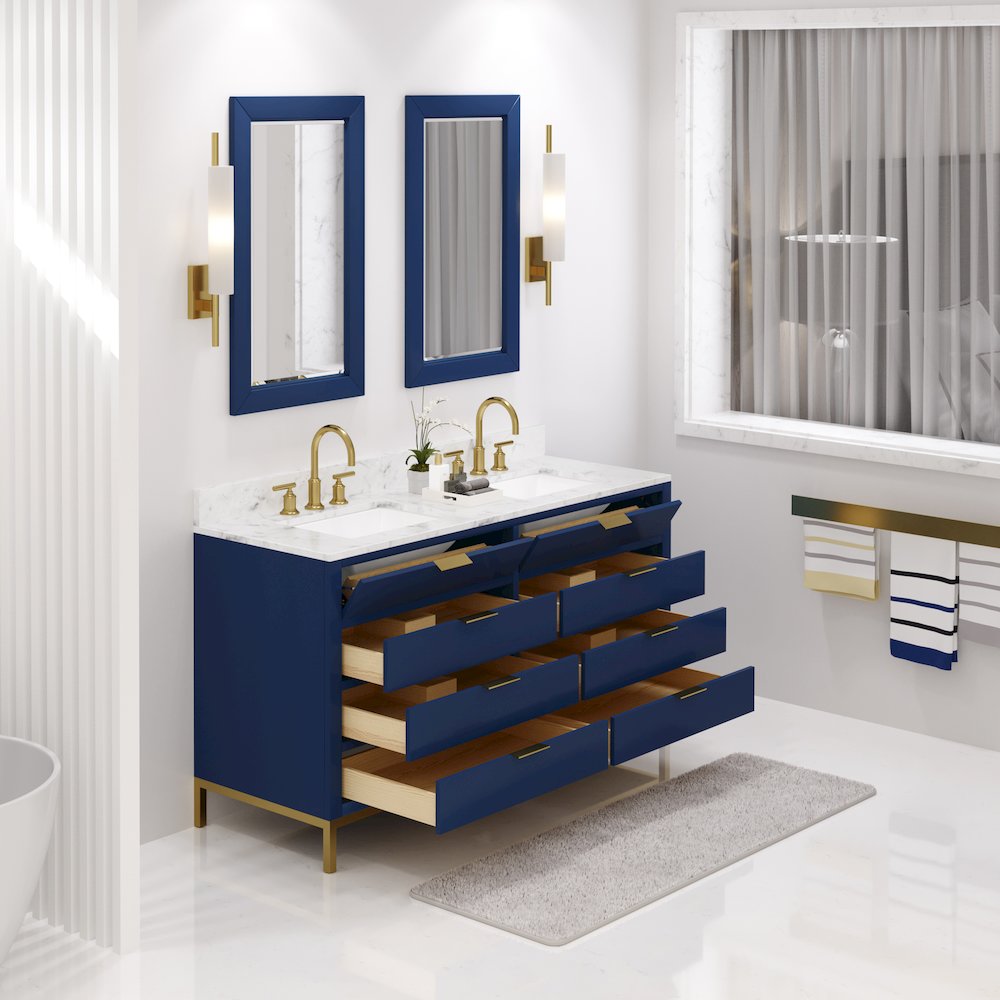 60 In. Double Sink Carrara White Marble Countertop Bath Vanity in Monarch Blue. Picture 4
