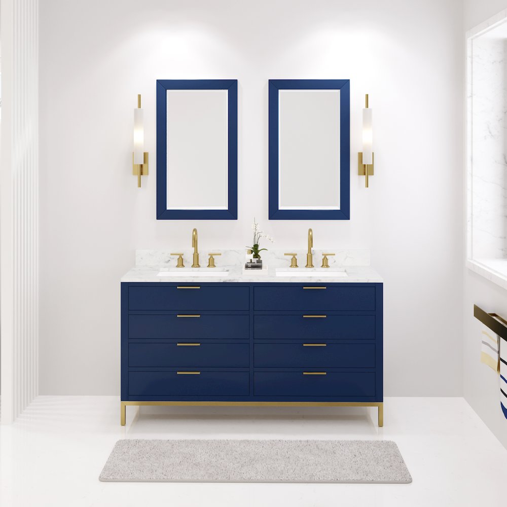 60 In. Double Sink Carrara White Marble Countertop Bath Vanity in Monarch Blue. Picture 2