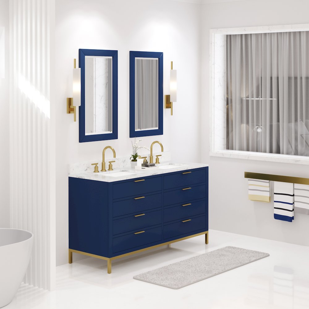 60 In. Double Sink Carrara White Marble Countertop Bath Vanity in Monarch Blue. Picture 3
