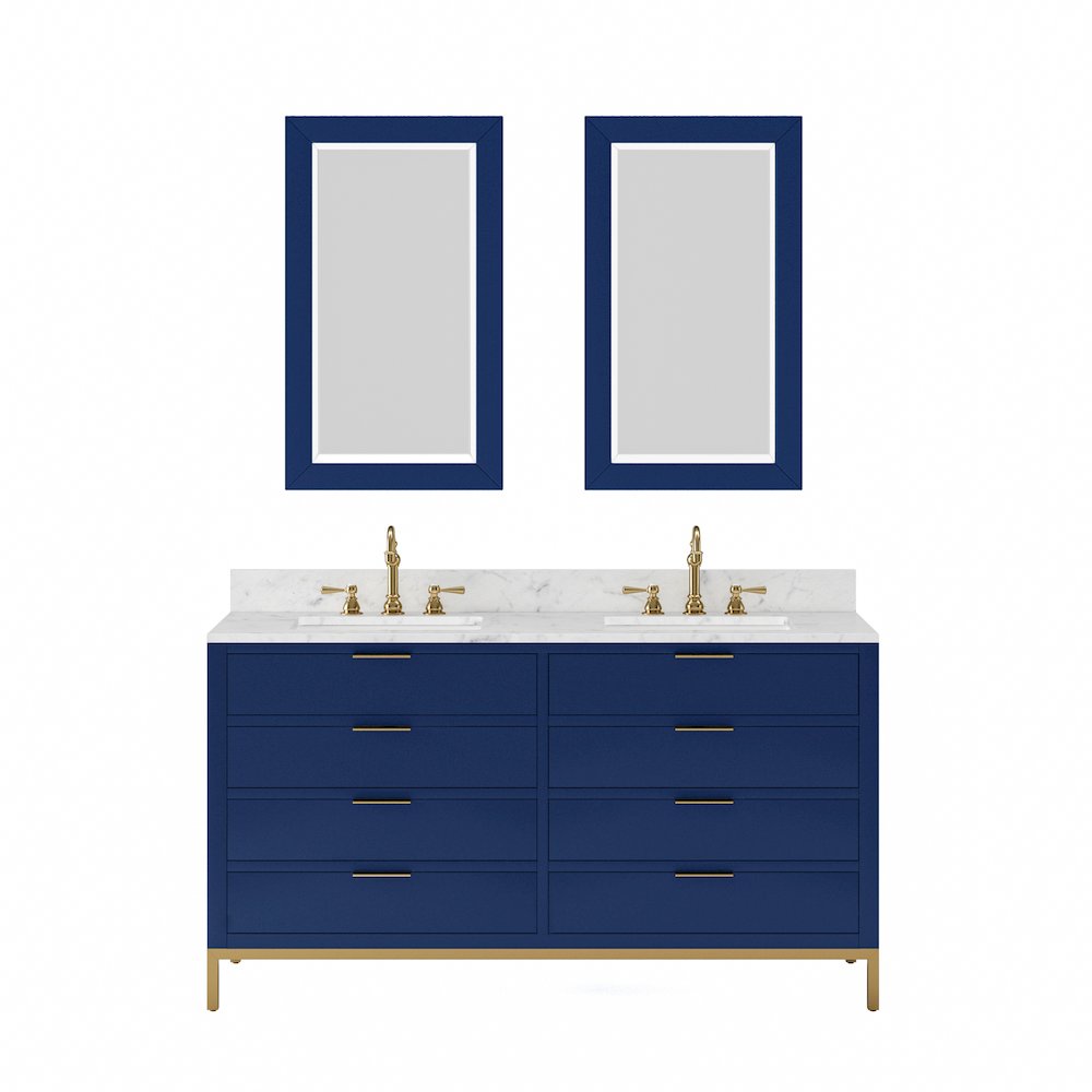 60 In. Double Sink Carrara White Marble Countertop Bath Vanity in Monarch Blue. Picture 1