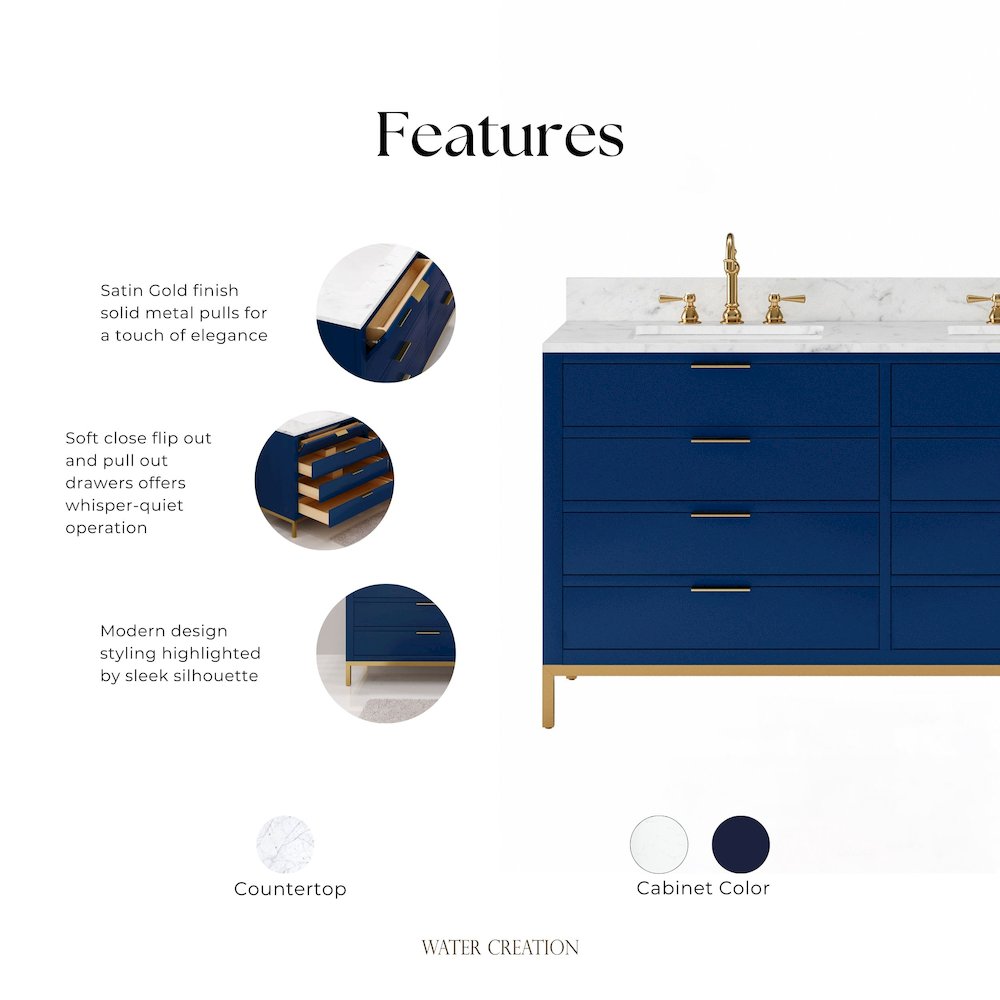 60 In. Double Sink Carrara White Marble Countertop Bath Vanity in Monarch Blue. Picture 8