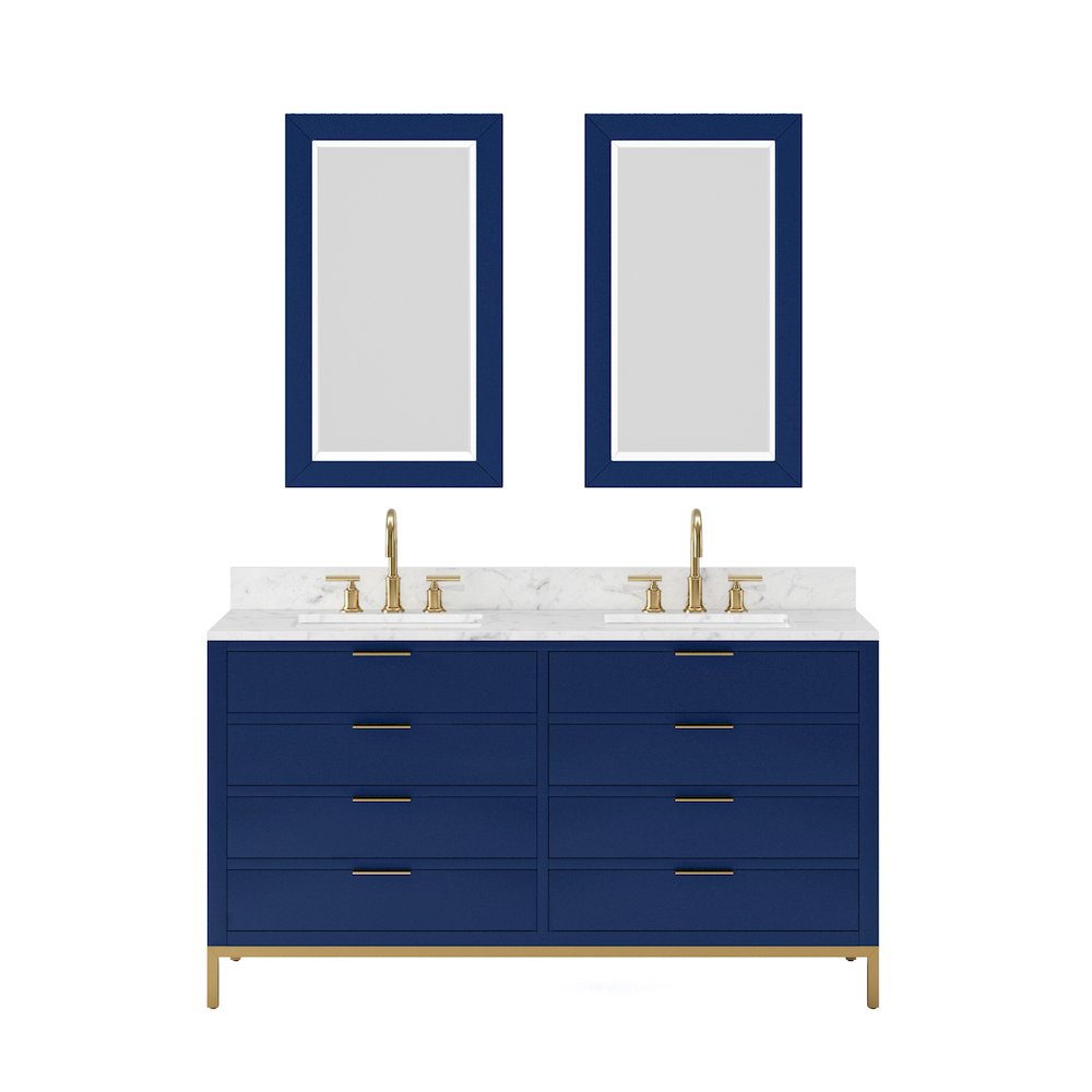 60 In. Double Sink Carrara White Marble Countertop Bath Vanity in Monarch Blue. Picture 1