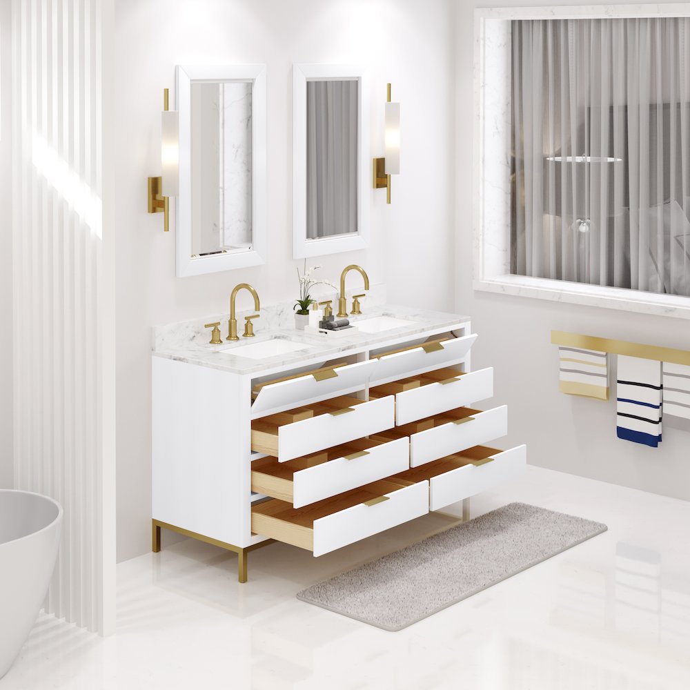 60 In. Double Sink Carrara White Marble Countertop Bath Vanity in Pure White. Picture 4