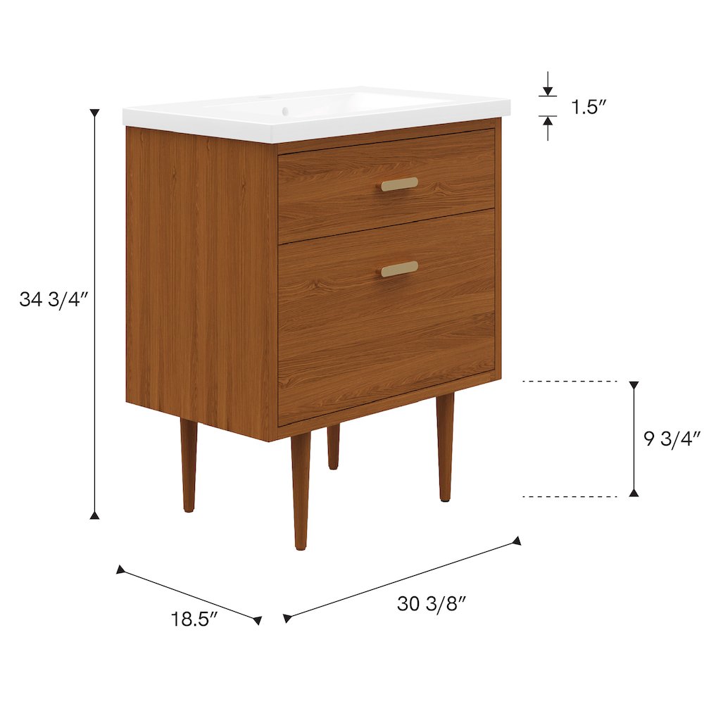 30 In. Integrated Ceramic Sink Top Vanity in Honey Walnut. Picture 9