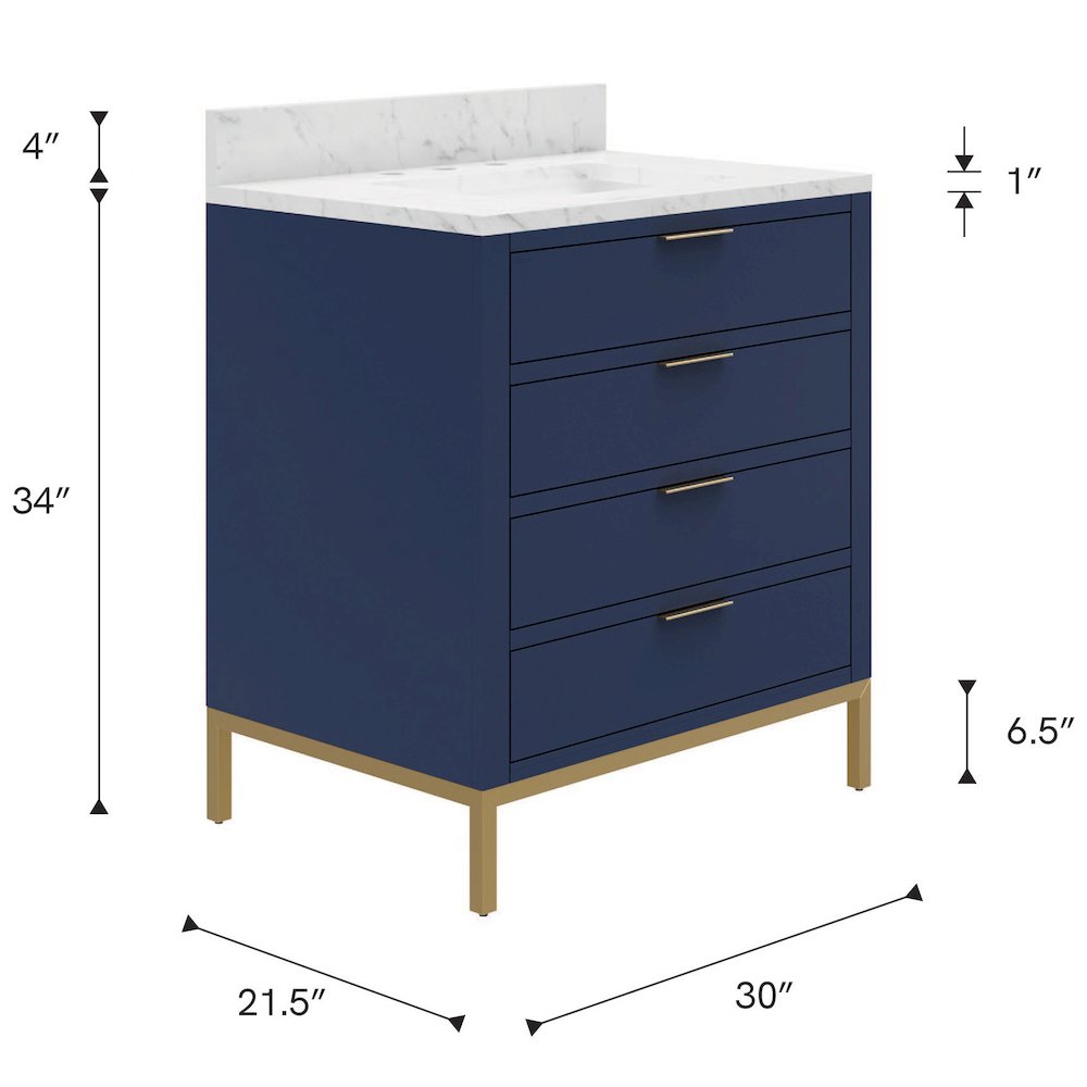 30 In. Single Sink Carrara White Marble Countertop Bath Vanity in Monarch Blue. Picture 11