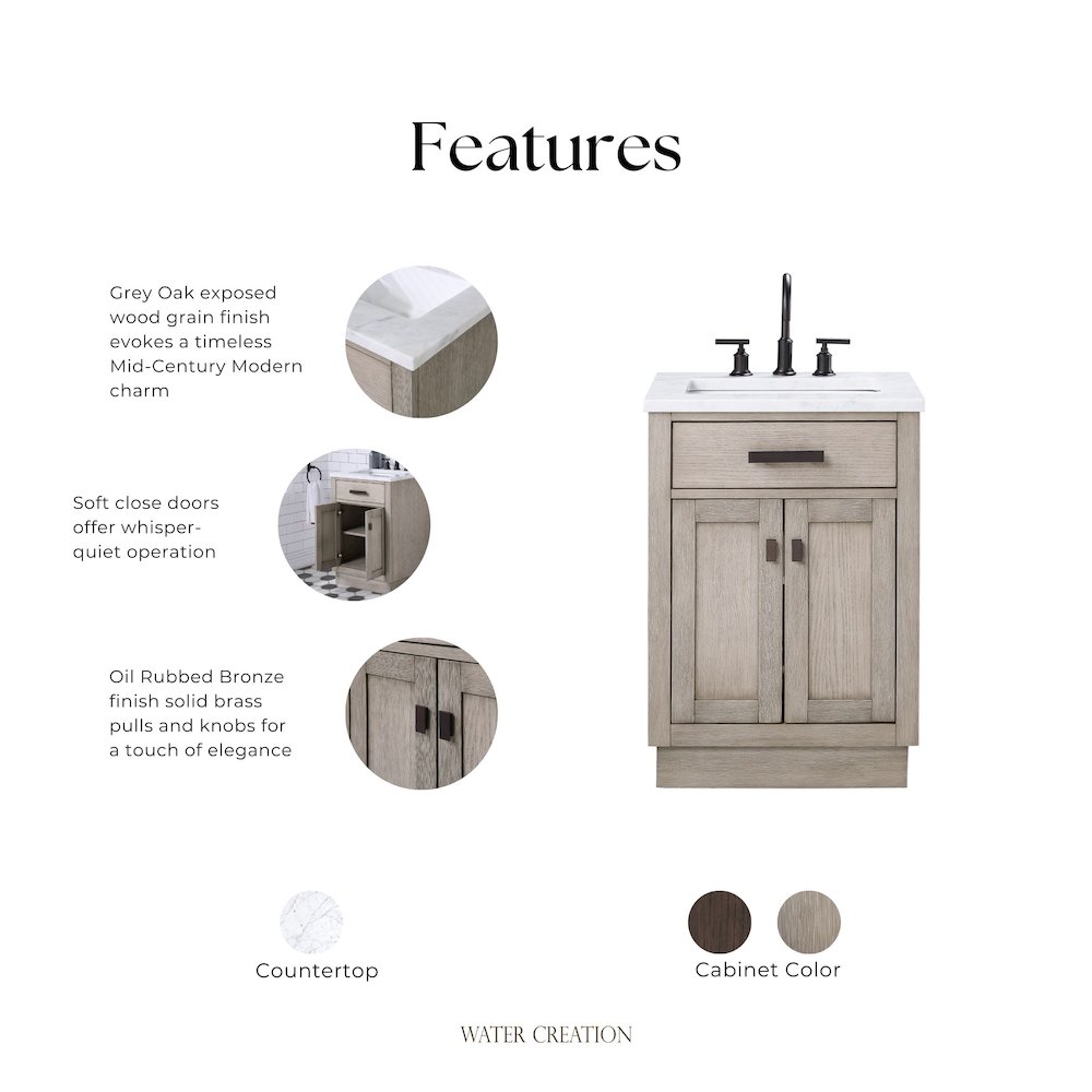 24 In. Single Sink Carrara White Marble Countertop Bath Vanity In Grey Oak. Picture 9