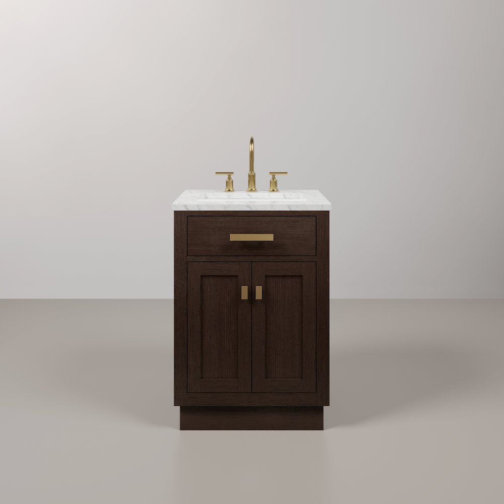 24 In. Single Sink Carrara White Marble Countertop Bath Vanity In Brown Oak. Picture 1