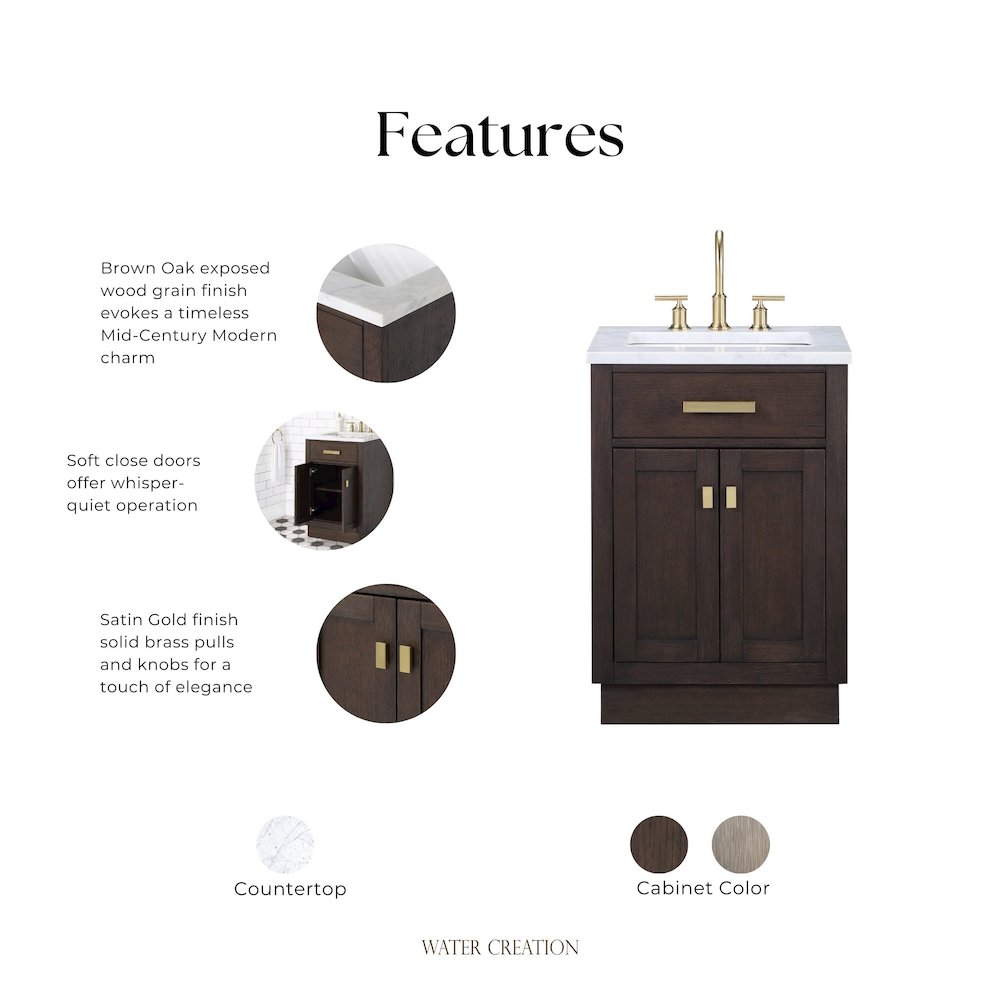 24 In. Single Sink Carrara White Marble Countertop Bath Vanity In Brown Oak. Picture 10