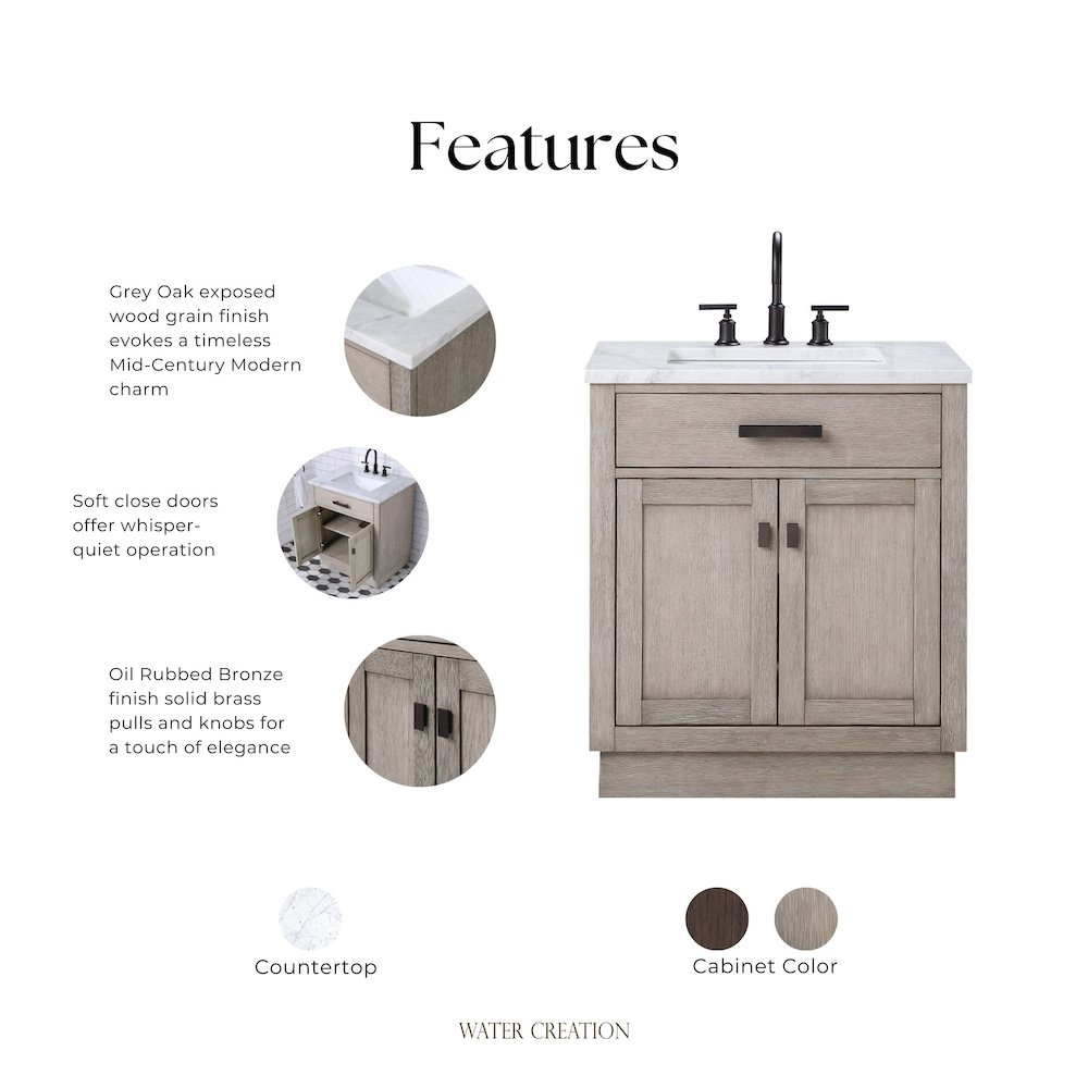 30 In. Single Sink Carrara White Marble Countertop Bath Vanity In Grey Oak. Picture 10