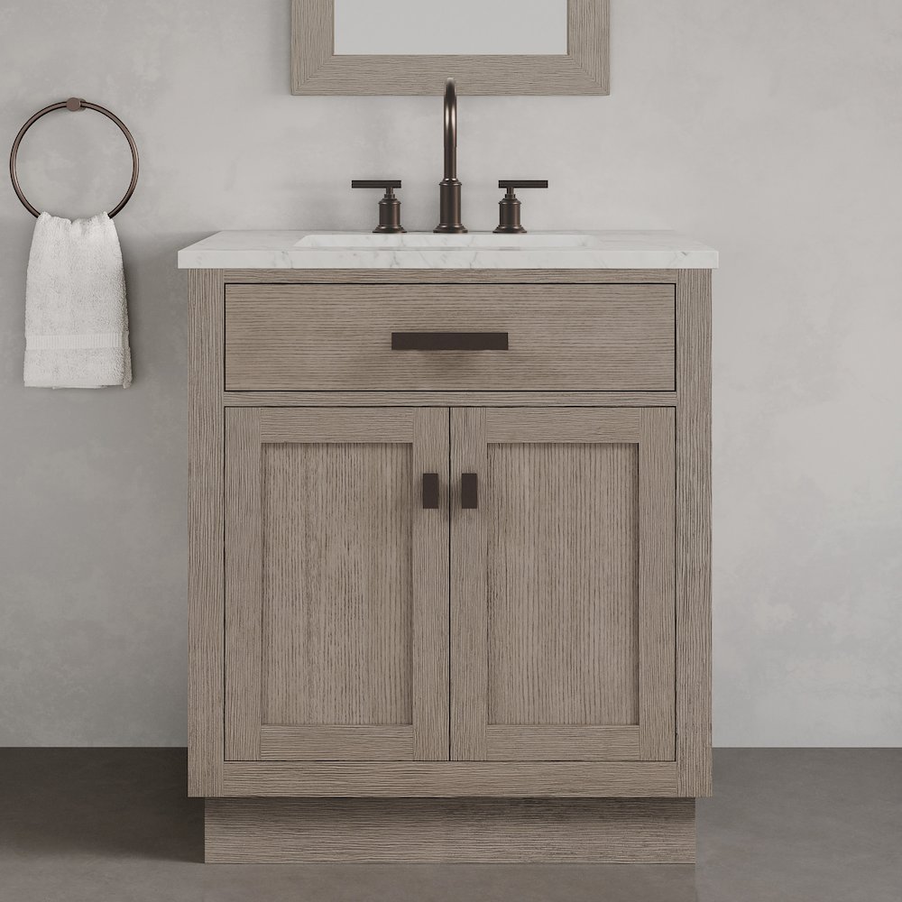 30 In. Single Sink Carrara White Marble Countertop Bath Vanity In Grey Oak. Picture 2