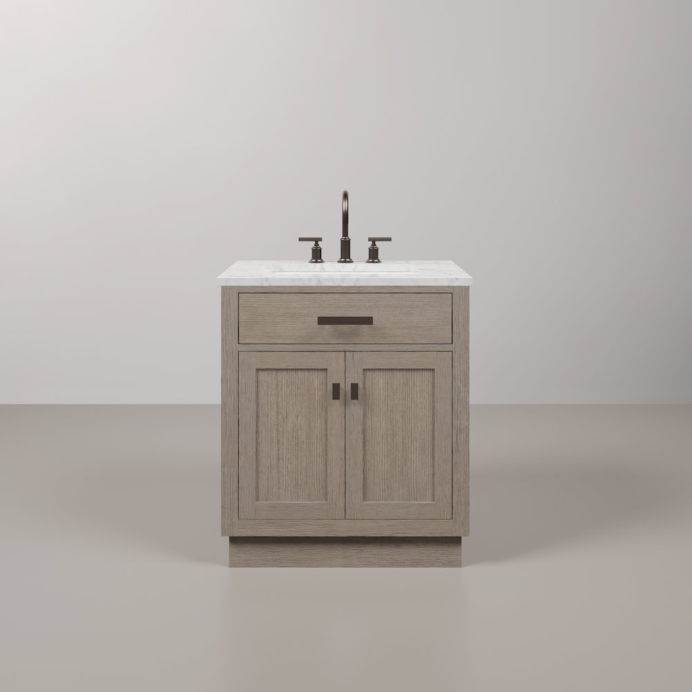 30 In. Single Sink Carrara White Marble Countertop Bath Vanity In Grey Oak. Picture 1