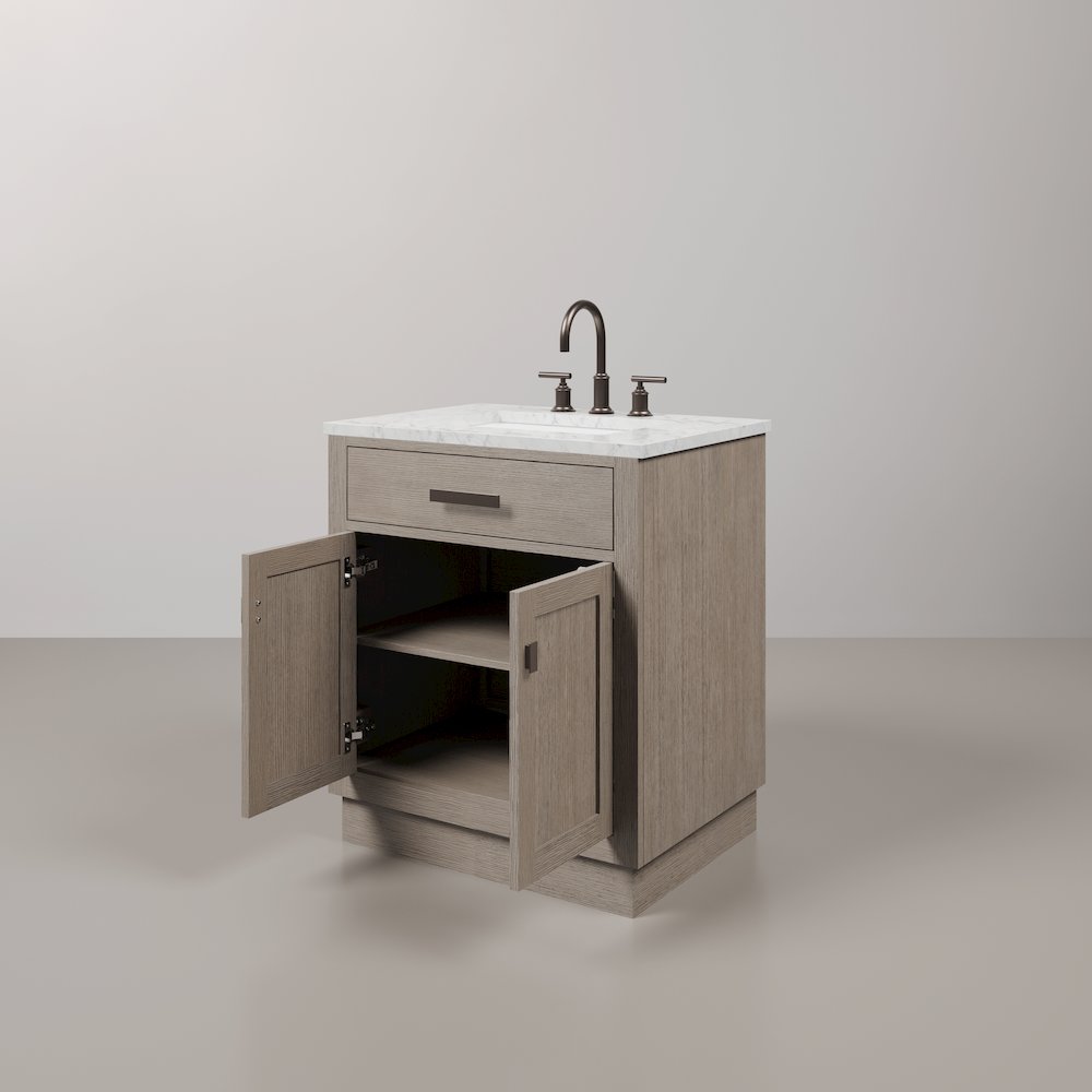 30 In. Single Sink Carrara White Marble Countertop Bath Vanity In Grey Oak. Picture 4